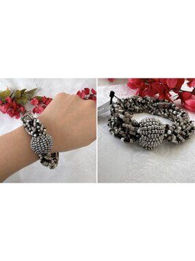 CHICO'S Seed Bead Bangle Thin SilverTone Gray Cream Tan Bracelet Chunky NEW